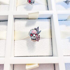 925 Sterling Silver Skull With Butterflies Charm Bead Fits Charm Bracelets